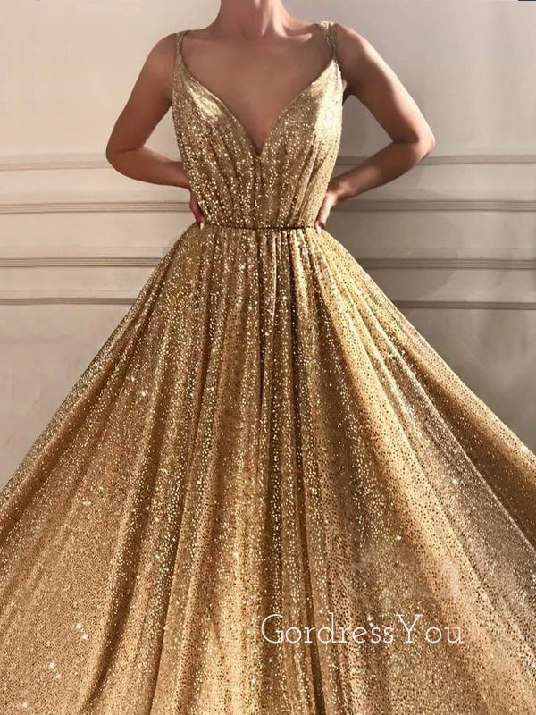 Sexy V Neck Golden Sequin A-Line Long Evening Prom Dresses, Cheap Custom Sweet Prom dresses, MR7275