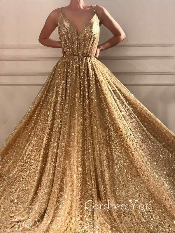 Sexy V Neck Golden Sequin A-Line Long Evening Prom Dresses, Cheap Custom Sweet Prom dresses, MR7275