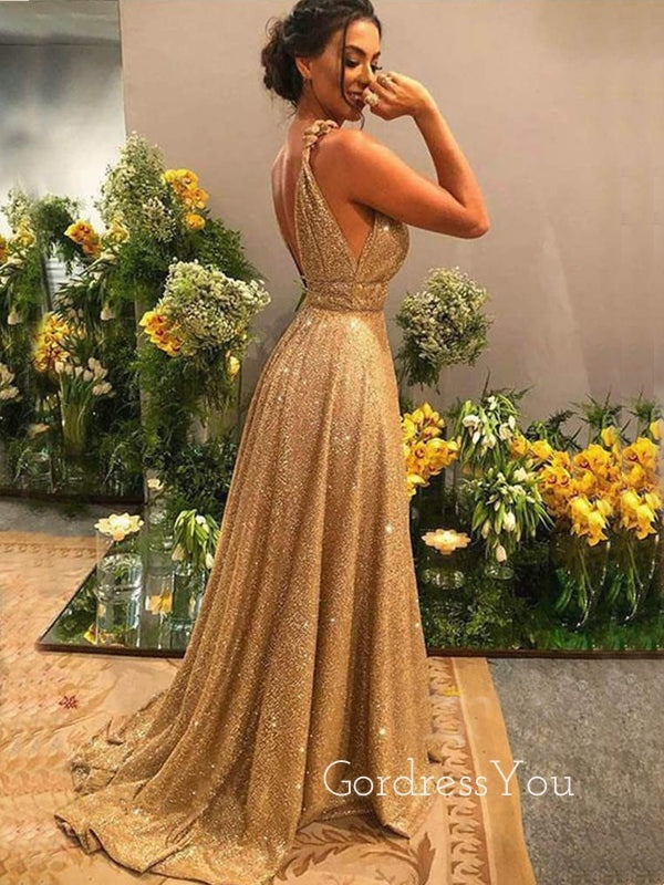 Deep V Neck Golden Sequin Backless A-Line Long Evening Prom Dresses, Cheap Custom Sweet Sharply Prom dresses, MR7276