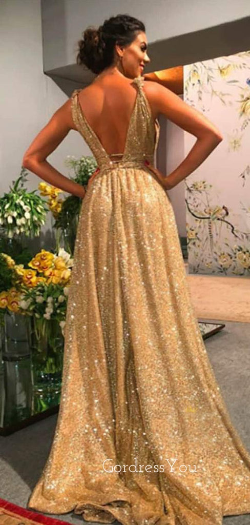 Deep V Neck Golden Sequin Backless A-Line Long Evening Prom Dresses, Cheap Custom Sweet Sharply Prom dresses, MR7276