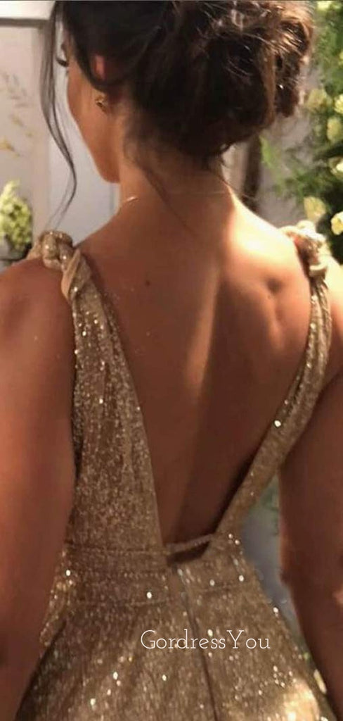 Deep V Neck Golden Sequin Backless A-Line Long Evening Prom Dresses, Cheap Custom Sweet Sharply Prom dresses, MR7276