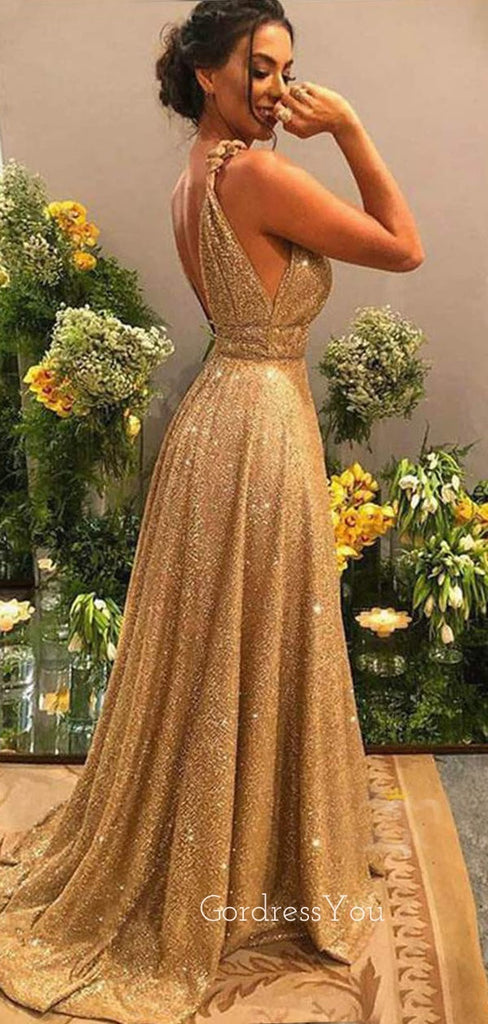 Deep V Neck Golden Sequin Backless A-Line Long Evening Prom Dresses, Cheap Custom Sweet Sharply Prom dresses, MR7276