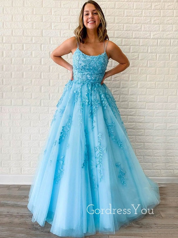 Sexy Backless A-Line Blue Lace Long Evening Prom Dresses, Cheap Tulle Sweet Prom Dresses, MR7284