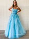 Sexy Backless A-Line Blue Lace Long Evening Prom Dresses, Cheap Tulle Sweet Prom Dresses, MR7284