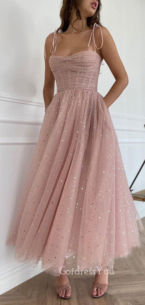 Spaghetti Straps Pink Sharkly Long Evening Prom Dresses, Cheap Custom Homecoming Dresses, MR7287