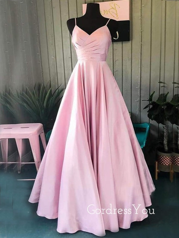 A-Line Pink Satin V Neck Long Evening Prom Dresses, Cheap Custom Backless Prom Dresses, MR7290