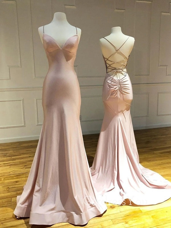 Simple Backless Mermaid Pink Satin Long Evening Prom Dresses, MR7292