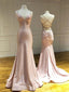 Simple Backless Mermaid Pink Satin Long Evening Prom Dresses, MR7292