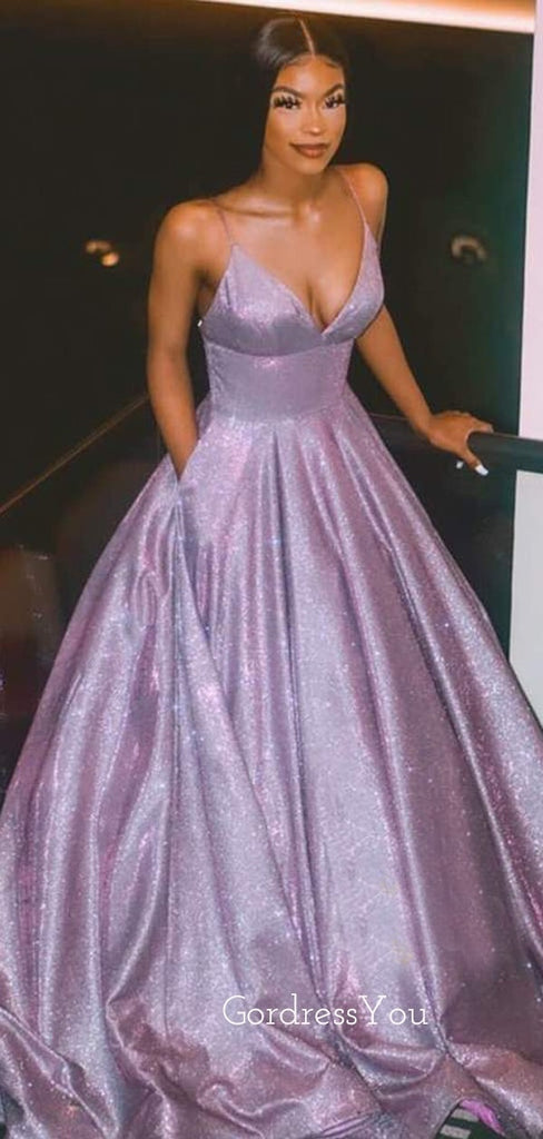 A-Line Purple Sparkly V Neck Long Evening Prom Dresses, Cheap Custom Dresses,MR7296