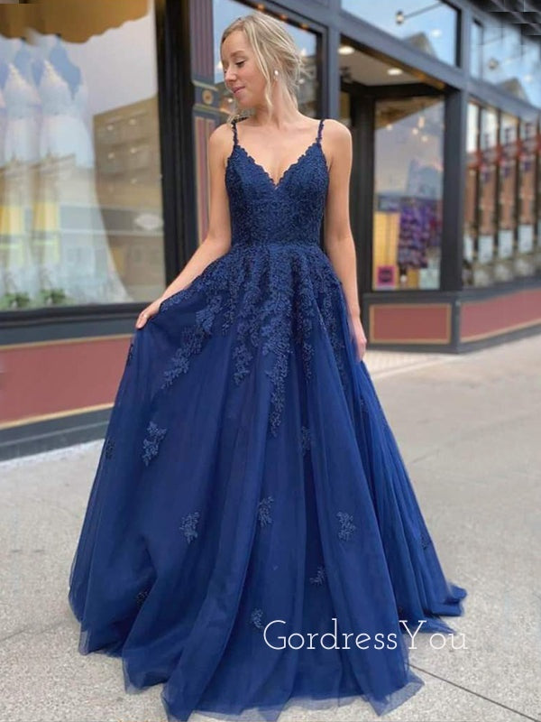 Navy Blue Lace A-line Backless Long Evening Prom Dresses, Cheap Custom V Neck Prom Dress, MR7299