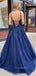 Navy Blue Lace A-line Backless Long Evening Prom Dresses, Cheap Custom V Neck Prom Dress, MR7299