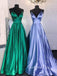 Deep V Neck A-Line Satin Long Evening Prom Dresses, Cheap Custom Backless Prom Dresses, MR7300