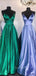 Deep V Neck A-Line Satin Long Evening Prom Dresses, Cheap Custom Backless Prom Dresses, MR7300