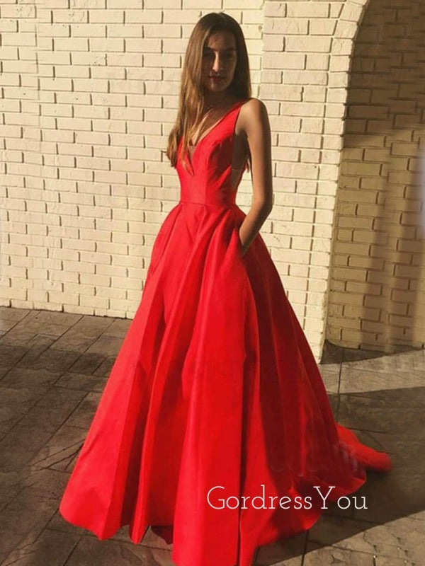 Deep V Neck Red Satin Long V Back Evening Prom Dresses, Cheap Custom prom dresses, MR7301