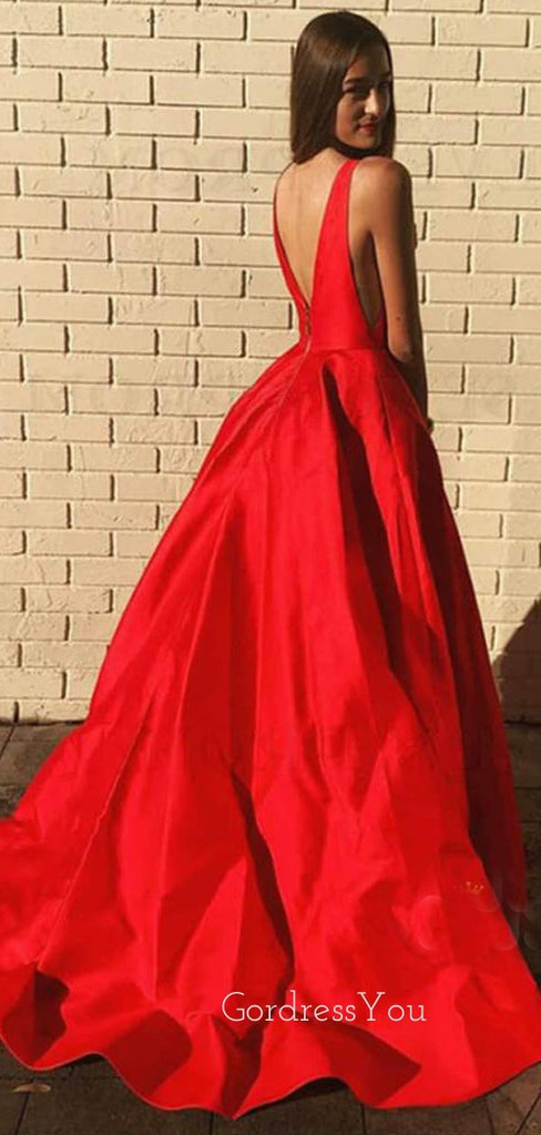 Deep V Neck Red Satin Long V Back Evening Prom Dresses, Cheap Custom prom dresses, MR7301