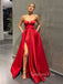 Red Satin V Neck Spaghetti Straps Long Evening Prom Dresses, Cheap Custom prom dresses, MR7304