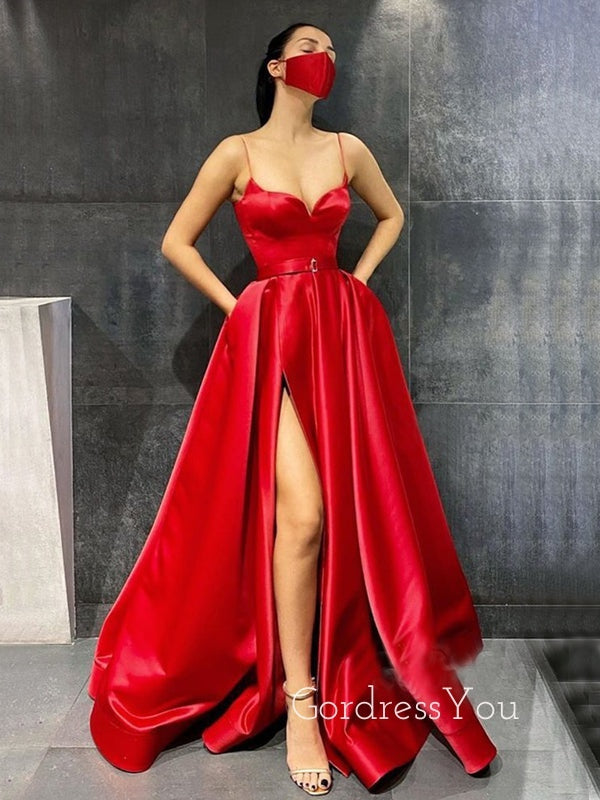 Red Satin V Neck Spaghetti Straps Long Evening Prom Dresses, Cheap Custom prom dresses, MR7304