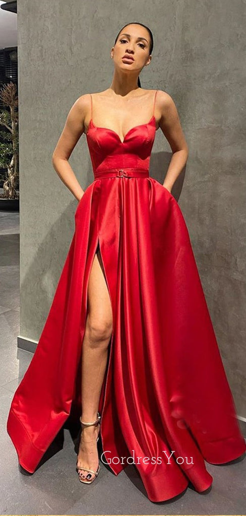 Red Satin V Neck Spaghetti Straps Long Evening Prom Dresses, Cheap Custom prom dresses, MR7304