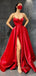 Red Satin V Neck Spaghetti Straps Long Evening Prom Dresses, Cheap Custom prom dresses, MR7304