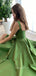 A-Line Green Satin Intermediate slit Long Evening Prom Dresses, Long Custom Party A-Line Green Satin Intermediate slit Long Evening Proprom dresses, MR7308