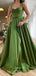 A-Line Green Satin Intermediate slit Long Evening Prom Dresses, Long Custom Party A-Line Green Satin Intermediate slit Long Evening Proprom dresses, MR7308