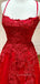 Red Lace A-Line Spaghetti Straps Long Evening Prom Dresses, Cheap Custom Prom Dress, MR7310