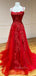 Red Lace A-Line Spaghetti Straps Long Evening Prom Dresses, Cheap Custom Prom Dress, MR7310