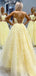 A-Line Spaghetti Straps Yellow Lace Long Evening Prom Dresses, Cheap Custom Prom Dress, MR7315