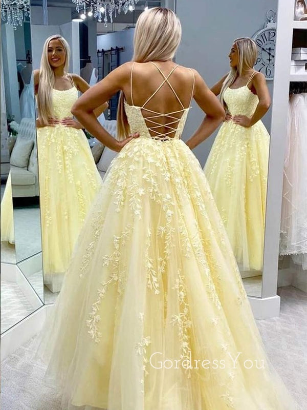 A-Line Spaghetti Straps Yellow Lace Long Evening Prom Dresses, Cheap Custom Prom Dress, MR7315