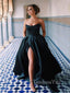 A-Line Black Satin Backless Long Evening Prom Dresses, Cheap Custom Backless Prom Dresses, MR7321