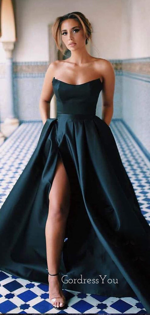 A-Line Black Satin Backless Long Evening Prom Dresses, Cheap Custom Backless Prom Dresses, MR7321