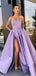 A-Line Dusty Purple Satin Backless Side Slit Long Evening Prom Dresses, Cheap Custom Backless Prom Dresses, MR7322