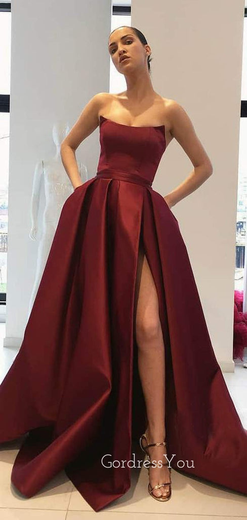 A-Line Dusty Purple Satin Backless Side Slit Long Evening Prom Dresses, Cheap Custom Backless Prom Dresses, MR7322