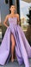 A-Line Dusty Purple Satin Backless Side Slit Long Evening Prom Dresses, Cheap Custom Backless Prom Dresses, MR7322