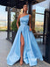 Blue Satin Backless Side Slit A-Line Long Evening Prom Dresses, Cheap Custom Backless Prom Dresses, MR7323