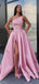 Blue Satin Backless Side Slit A-Line Long Evening Prom Dresses, Cheap Custom Backless Prom Dresses, MR7323