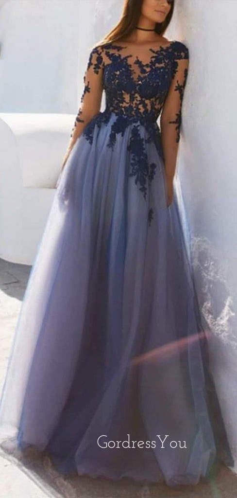 Sexy See Throuth Long Sleeves Tulle A-line Blue Lace Long Evening Prom Dresses, Cheap Prom Dress, MR7326