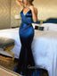 Navy Blue Spaghetti Straps V Neck Mermaid Long Evening Prom Dresses, Cheap Custom Prom Dresses, MR7328