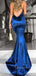 Navy Blue Spaghetti Straps V Neck Mermaid Long Evening Prom Dresses, Cheap Custom Prom Dresses, MR7328