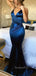 Navy Blue Spaghetti Straps V Neck Mermaid Long Evening Prom Dresses, Cheap Custom Prom Dresses, MR7328