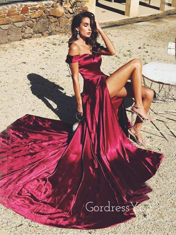 Burgundy Satin Off Shoulder A-line Long Evening Prom Dresses, Cheap Custom prom dresses, MR7335