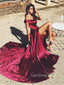 Burgundy Satin Off Shoulder A-line Long Evening Prom Dresses, Cheap Custom prom dresses, MR7335