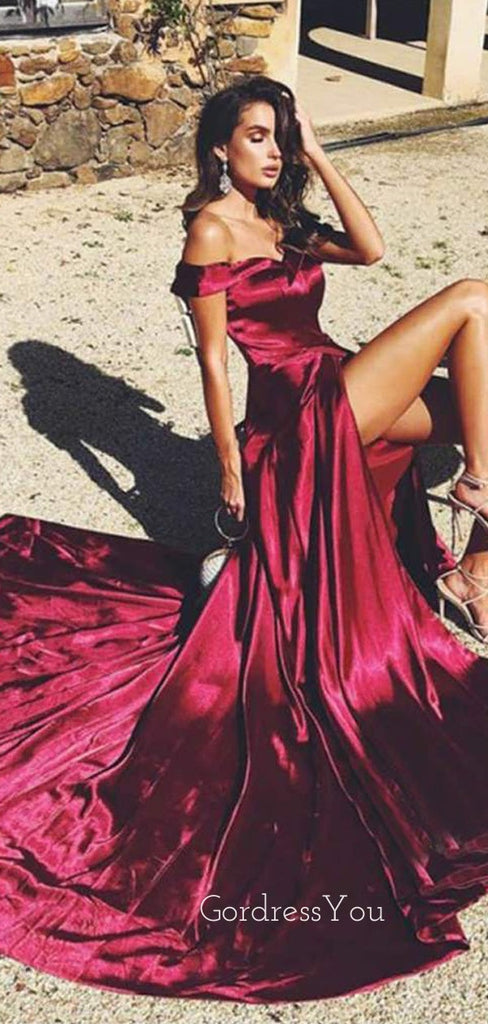 Burgundy Satin Off Shoulder A-line Long Evening Prom Dresses, Cheap Custom prom dresses, MR7335