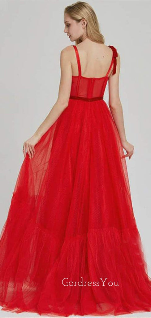 Red Tulle Beaded Straps A-Line Long Evening Prom Dresses, MR7340