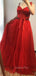 Red Tulle Beaded Straps A-Line Long Evening Prom Dresses, MR7340