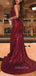 Burgundy Sequin Mermaid Side Slit Long Evening Prom Dresses, MR7343