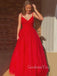 V neck Red Tulle Spaghetti Straps A-Line Long Evening Prom Dresses, MR7345