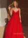 V neck Red Tulle Spaghetti Straps A-Line Long Evening Prom Dresses, MR7345