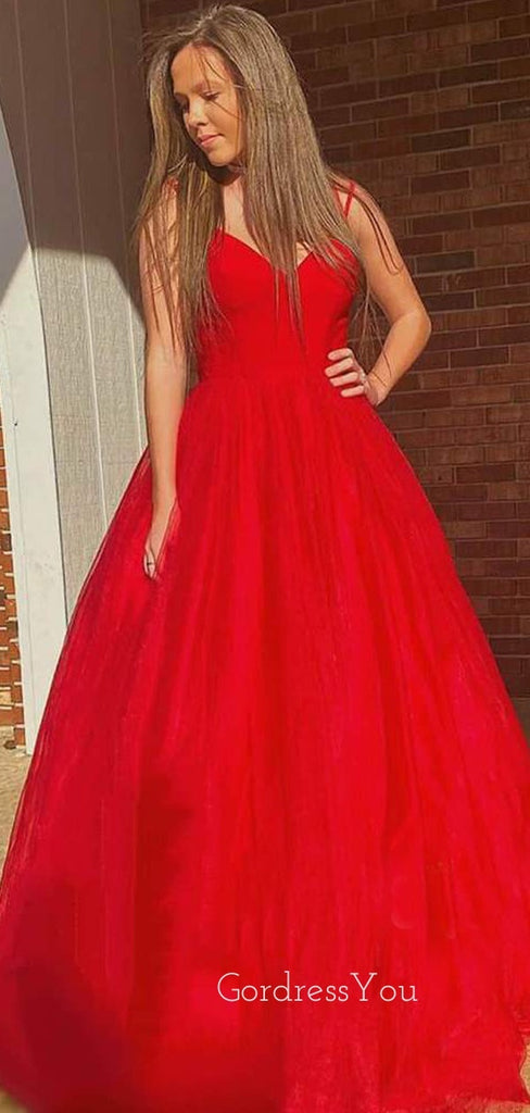 V neck Red Tulle Spaghetti Straps A-Line Long Evening Prom Dresses, MR7345