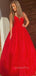 V neck Red Tulle Spaghetti Straps A-Line Long Evening Prom Dresses, MR7345